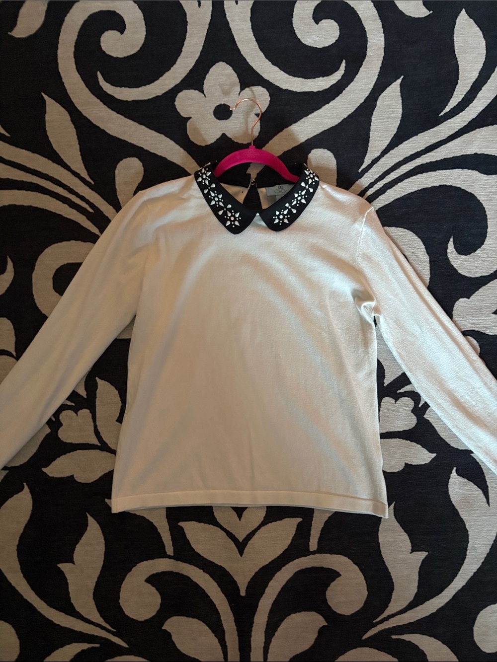 CeCe White Long Sleeve Top with Black Embellished Collar